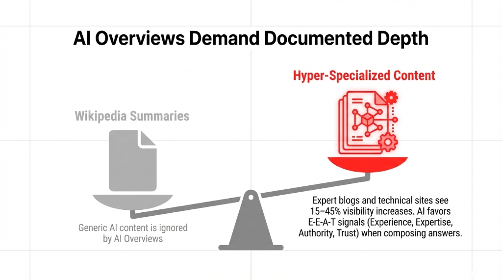 AI Overviews Demand Documented Depth. A balance scale weighing Wikipedia Summaries (generic AI content is ignored by AI Overviews) against Hyper-Specialized Content (tipping the scale). Expert blogs and technical sites see 15 to 45 percent visibility increases. AI favors E-E-A-T signals (Experience, Expertise, Authority, Trust) when composing answers.