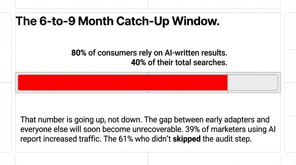 The 6-to-9 Month Catch-Up Window. 80 percent of consumers rely on AI-written results for 40 percent of their total searches. Red progress bar nearly full. That number is going up, not down. The gap between early adapters and everyone else will soon become unrecoverable. 39 percent of marketers using AI report increased traffic. The 61 percent who did not skipped the audit step.
