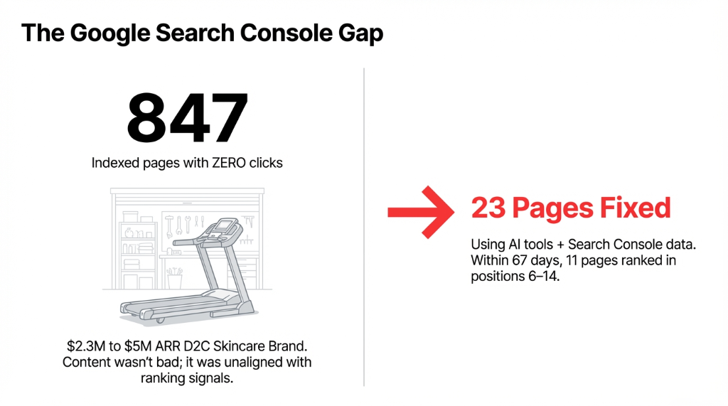 The Google Search Console Gap. 847 indexed pages with ZERO clicks for a $2.3M to $5M ARR D2C Skincare Brand. Content was not bad; it was unaligned with ranking signals. Arrow pointing to 23 Pages Fixed using AI tools plus Search Console data. Within 67 days, 11 pages ranked in positions 6 to 14.