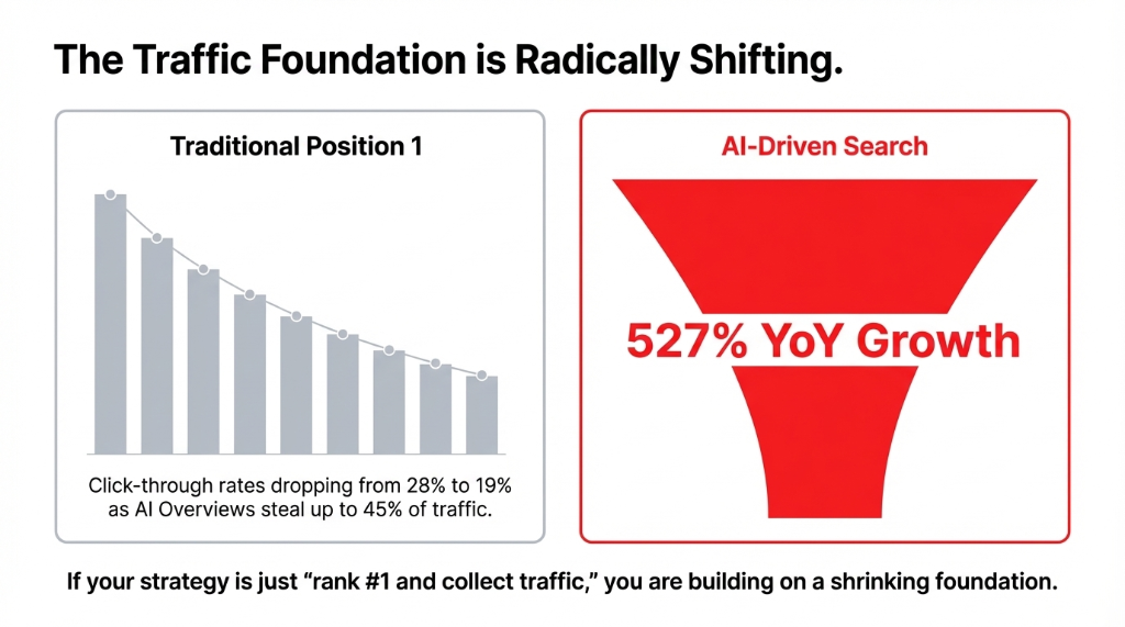 The Traffic Foundation is Radically Shifting. Left side: Traditional Position 1 with declining bar chart showing click-through rates dropping from 28 percent to 19 percent as AI Overviews steal up to 45 percent of traffic. Right side: AI-Driven Search funnel showing 527 percent Year over Year Growth. If your strategy is just rank number 1 and collect traffic, you are building on a shrinking foundation.