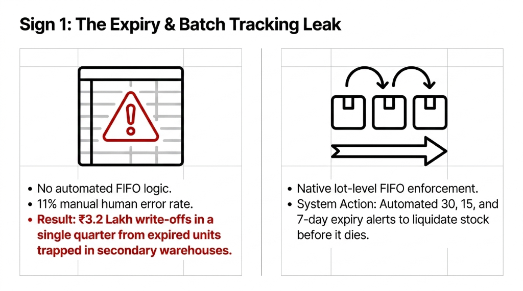 Sign 1 The Expiry and Batch Tracking Leak - left side shows no automated FIFO logic 11 percent manual human error rate resulting in 3.2 lakh write-offs in a single quarter from expired units - right side shows Odoo native lot-level FIFO enforcement with automated 30 15 and 7-day expiry alerts