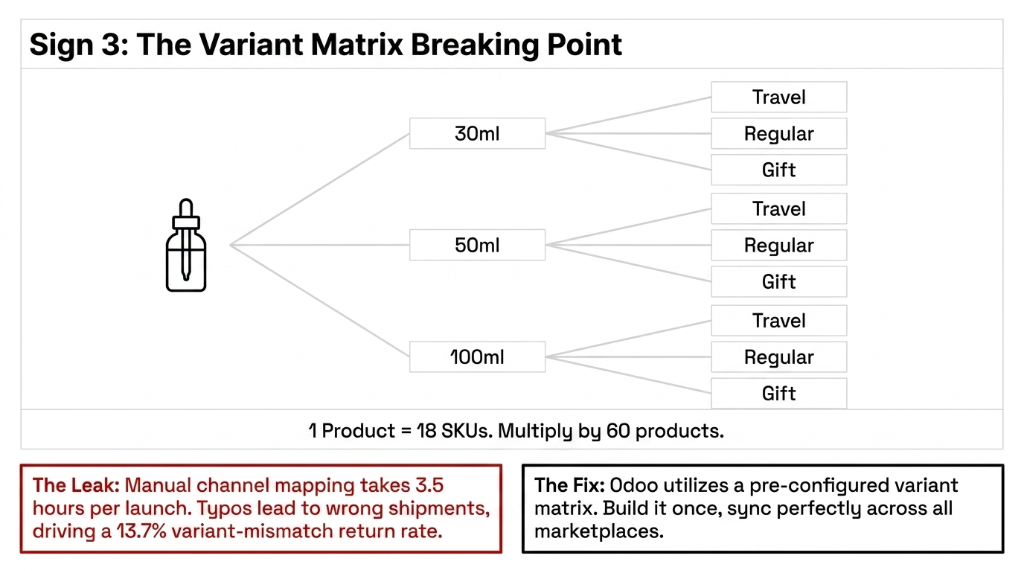 Sign 3 The Variant Matrix Breaking Point showing 1 product equals 18 SKUs across 30ml 50ml 100ml sizes and Travel Regular Gift pack types multiplied by 60 products - manual channel mapping takes 3.5 hours per launch with 13.7 percent variant-mismatch return rate versus Odoo pre-configured variant matrix
