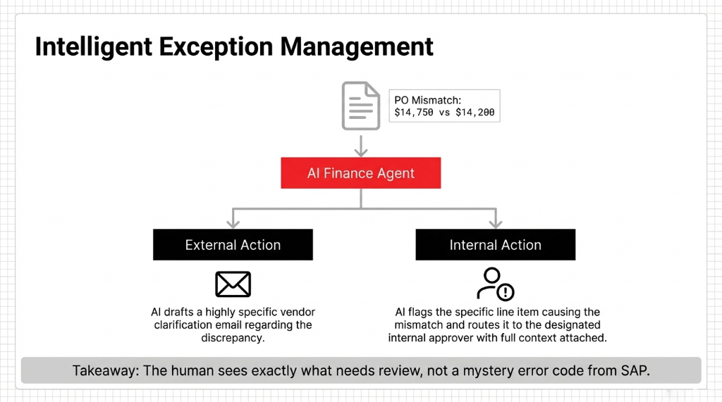 Intelligent Exception Management: PO mismatch of $14,750 vs $14,200. AI Finance Agent takes External Action (drafts vendor clarification email) and Internal Action (flags specific line item and routes to designated approver with full context). The human sees exactly what needs review, not a mystery error code from SAP.