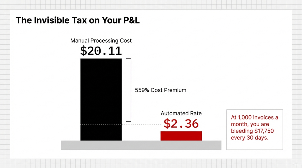 The Invisible Tax on Your P&L: Manual processing cost $20.11 per invoice versus automated rate $2.36. A 559% cost premium. At 1,000 invoices a month, you are bleeding $17,750 every 30 days.