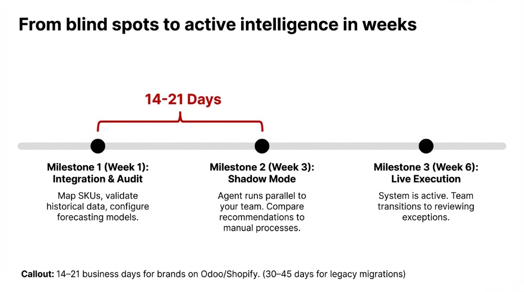 From blind spots to active intelligence in weeks: 14–21 Days timeline. Week 1 Integration & Audit. Week 3 Shadow Mode. Week 6 Live Execution.