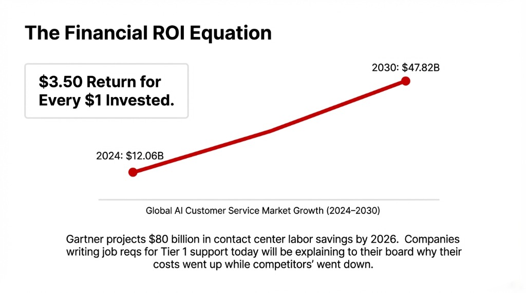 Chart showing The Financial ROI Equation with a $3.50 Return for Every $1 Invested, plotting the Global AI Customer Service Market Growth from $12.06B in 2024 to $47.82B in 2030