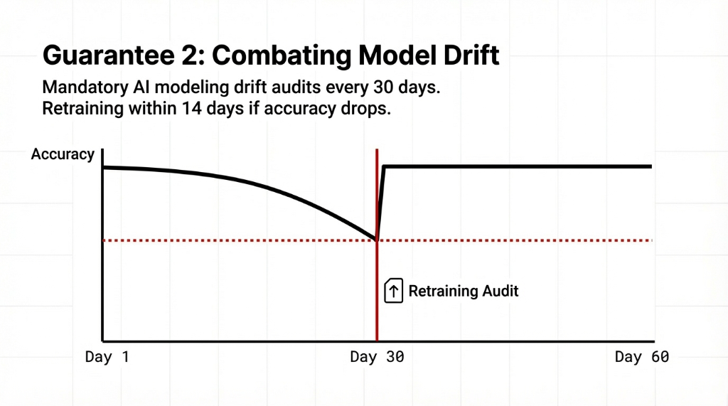 Guarantee 2 combating model drift chart showing mandatory AI modeling drift audits every 30 days with retraining within 14 days if accuracy drops