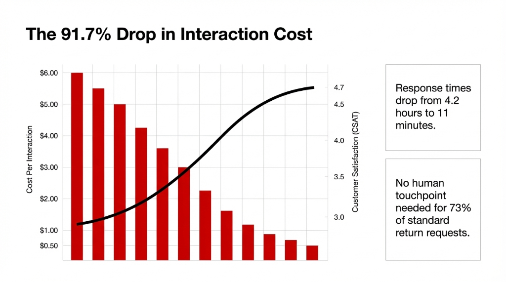The 91.7 percent drop in interaction cost showing cost per interaction declining from $6.00 to $0.50 while customer satisfaction CSAT rises from 3.0 to 4.7, with response times dropping from 4.2 hours to 11 minutes and 73 percent of return requests needing no human touchpoint