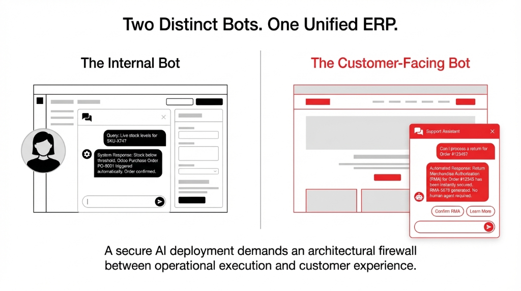 Two distinct bots one unified ERP showing internal bot querying live stock levels and triggering purchase orders versus customer-facing support assistant handling return requests and RMA generation with architectural firewall between them
