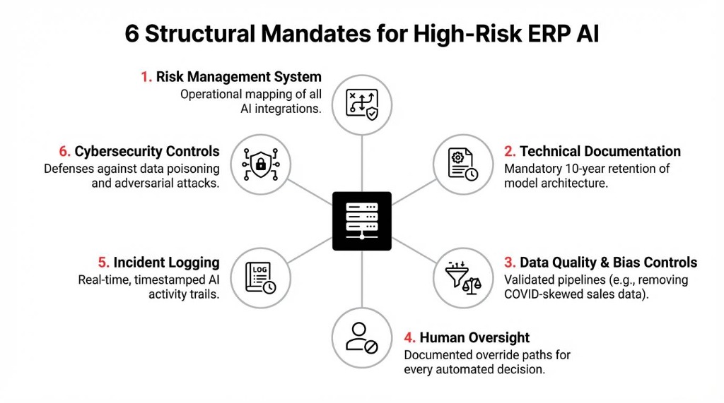 6 Structural Mandates for High-Risk ERP AI: Risk Management System, Technical Documentation (10-year retention), Data Quality & Bias Controls, Human Oversight overrides, Incident Logging, and Cybersecurity Controls.