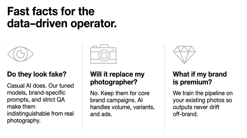 Fast facts for the data-driven operator: Do they look fake - tuned models and strict QA make AI images indistinguishable from real photography. Will it replace my photographer - No, keep them for core campaigns, AI handles volume. What if my brand is premium - pipeline trained on your existing photos so outputs never drift off-brand