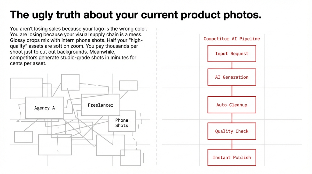 The ugly truth about current product photos: chaotic mix of Agency A, Freelancer, and Phone Shots versus a clean Competitor AI Pipeline with Input Request, AI Generation, Auto-Cleanup, Quality Check, and Instant Publish