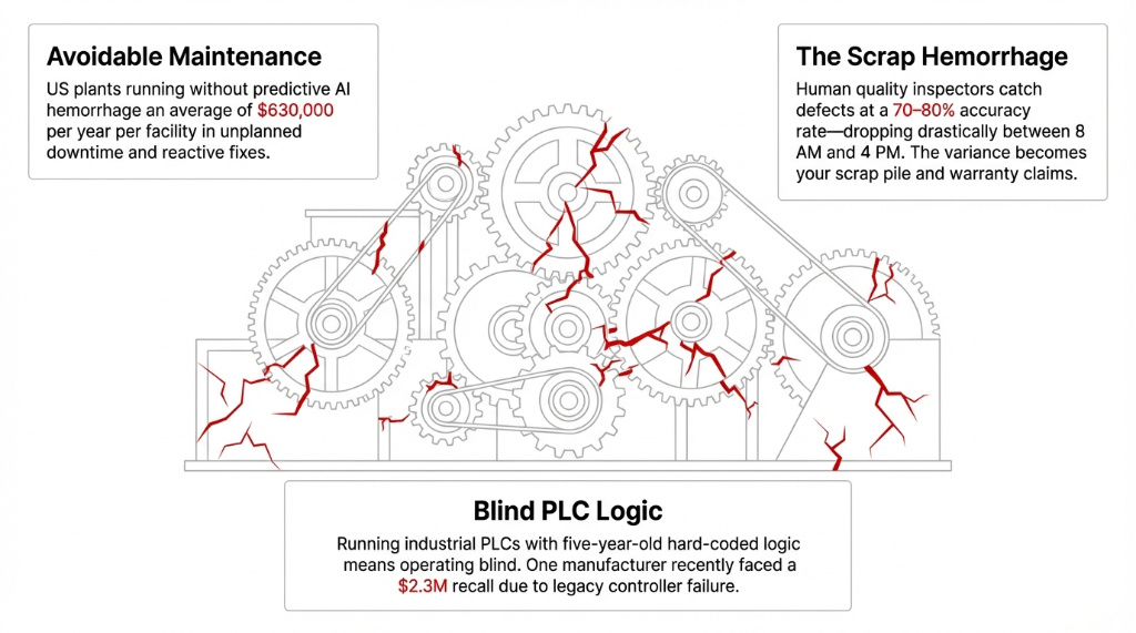 Three critical manufacturing failures: Avoidable Maintenance costing $630,000 per year per facility in unplanned downtime, The Scrap Hemorrhage with human inspectors catching defects at only 70-80% accuracy dropping between 8 AM and 4 PM, and Blind PLC Logic with one manufacturer facing a $2.3M recall due to legacy controller failure