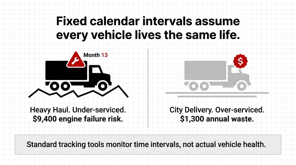 Fixed calendar intervals assume every vehicle lives the same life — showing a heavy haul truck under-serviced with $9,400 engine failure risk at Month 13 versus a city delivery truck over-serviced with $1,300 annual waste, highlighting that standard tracking tools monitor time intervals not actual vehicle health