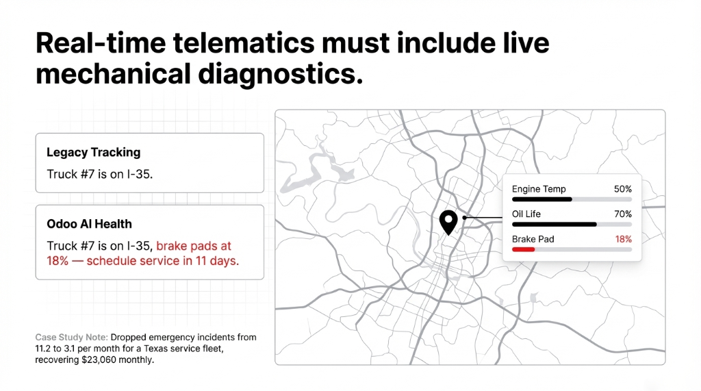 Real-time telematics must include live mechanical diagnostics — comparing Legacy Tracking showing only Truck #7 is on I-35 versus Odoo AI Health showing Truck #7 is on I-35 with brake pads at 18% schedule service in 11 days, alongside live dashboard showing Engine Temp 50% Oil Life 70% Brake Pad 18%, with case study note of dropping emergency incidents from 11.2 to 3.1 per month for a Texas service fleet recovering $23,060 monthly