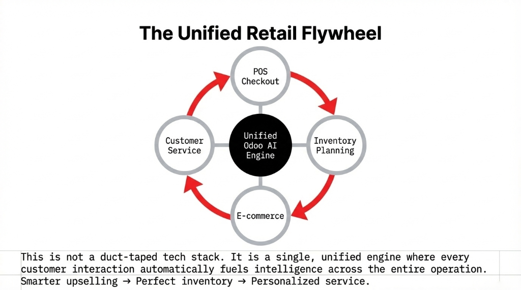 The Unified Retail Flywheel showing POS Checkout, Inventory Planning, E-commerce, and Customer Service all connected through a central Unified Odoo AI Engine — a single engine where every customer interaction automatically fuels intelligence across the entire operation for smarter upselling, perfect inventory, and personalized service
