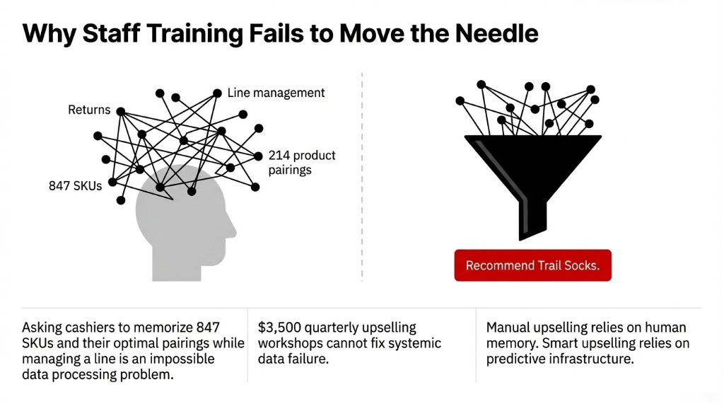 Why Staff Training Fails to Move the Needle — comparing a cashier overwhelmed by 847 SKUs, line management, returns and 214 product pairings against a smart AI funnel that simply recommends Trail Socks, showing that manual upselling relies on human memory while smart upselling relies on predictive infrastructure