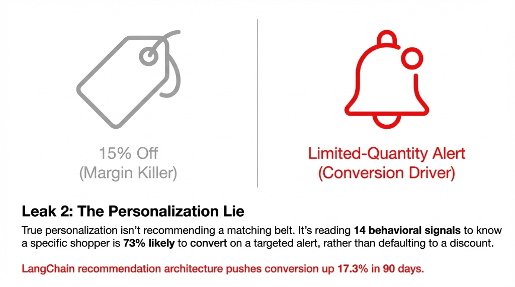 The Personalization Lie comparison: 15% Off discount as a Margin Killer versus Limited-Quantity Alert as a Conversion Driver. True personalization reads 14 behavioral signals to know a specific shopper is 73% likely to convert on a targeted alert. LangChain recommendation architecture pushes conversion up 17.3% in 90 days.