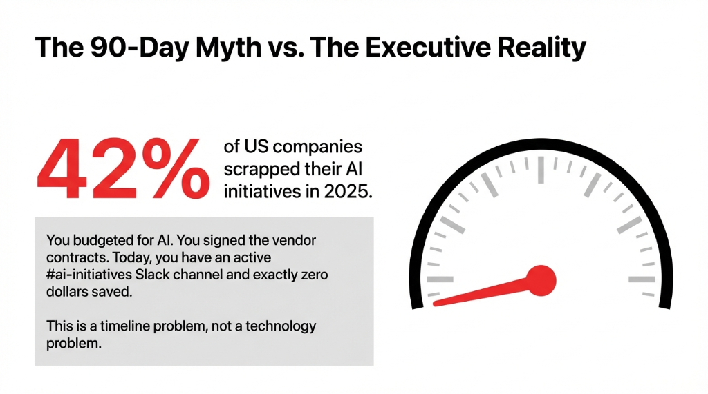 The 90-day myth versus the executive reality showing 42% of US companies scrapped their AI initiatives in 2025 with a gauge meter illustration, explaining this is a timeline problem not a technology problem — companies budgeted for AI, signed vendor contracts, and have active Slack channels but zero dollars saved