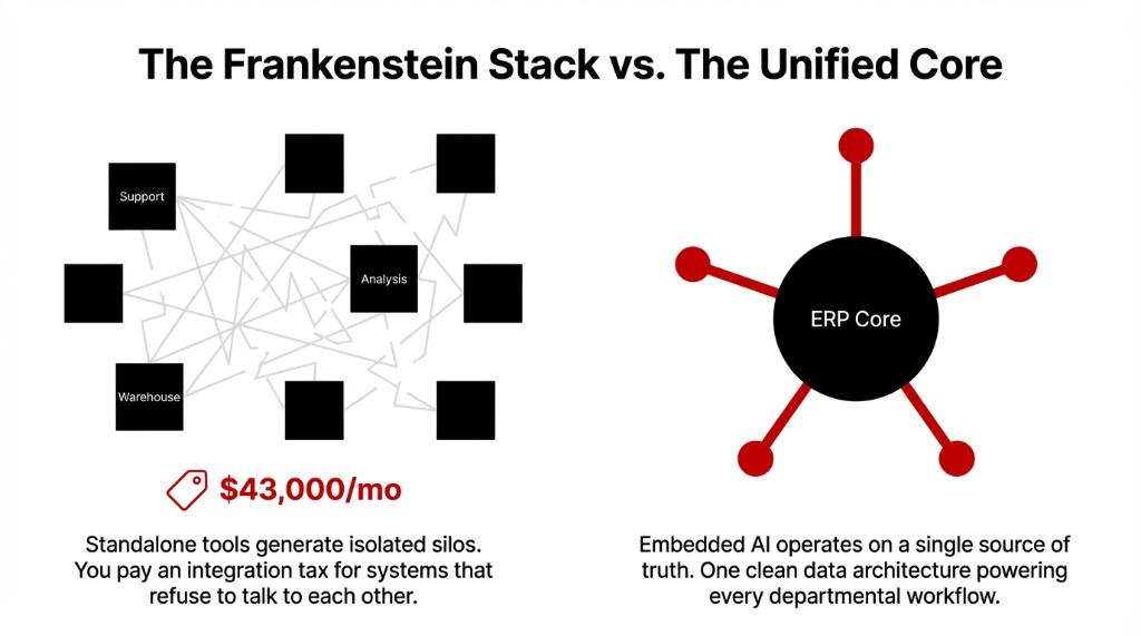 The Frankenstein stack versus the unified core comparing standalone tools generating isolated silos with support, analysis, and warehouse modules disconnected and costing $43,000 per month in integration tax against embedded AI operating on a single ERP core architecture as a single source of truth powering every departmental workflow