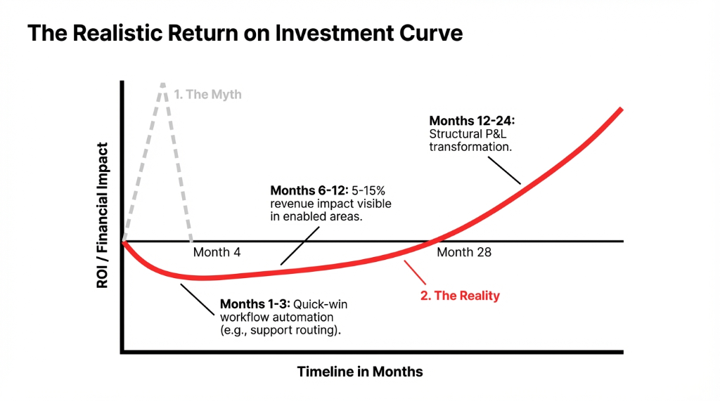 The realistic return on investment curve showing the myth as a sharp spike and crash at month 4 versus the reality as a slow J-curve that costs money through months 1-3 for quick-win workflow automation, shows 5-15% revenue impact in months 6-12, and delivers structural P&L transformation in months 12-24 before crossing the break-even line at month 28