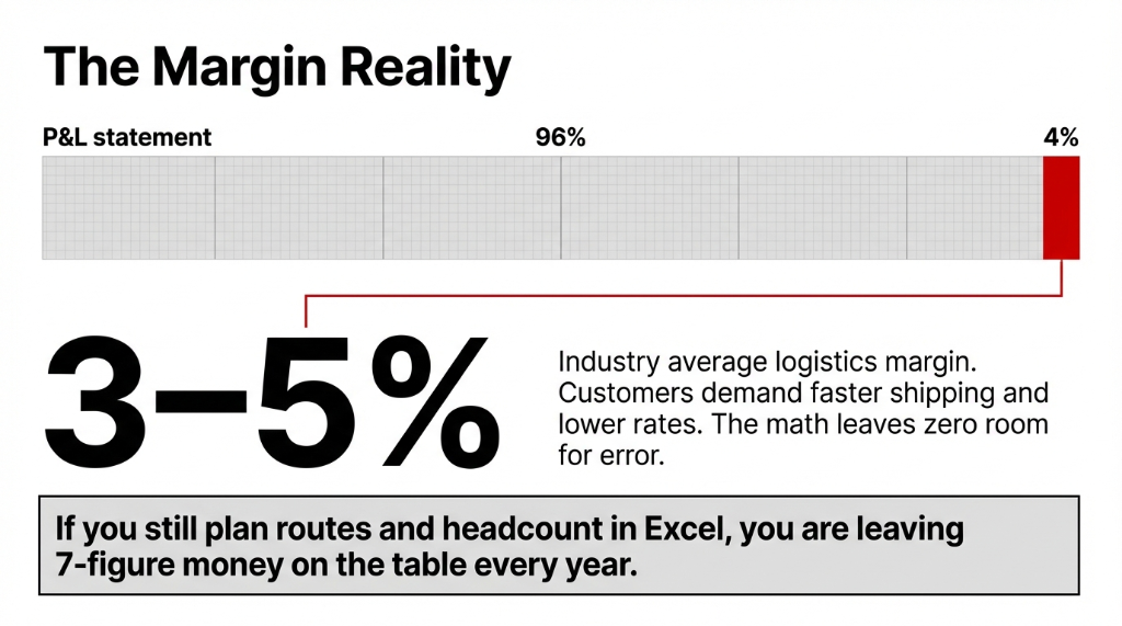 The Margin Reality: 3-5% industry average logistics margin with 96% costs leaving only 4% profit on the P&L statement