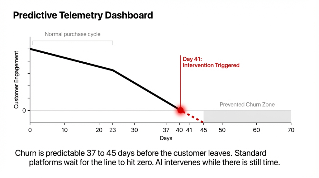 Predictive Telemetry Dashboard: AI intervenes at day 41 before customer churning reaches zero
