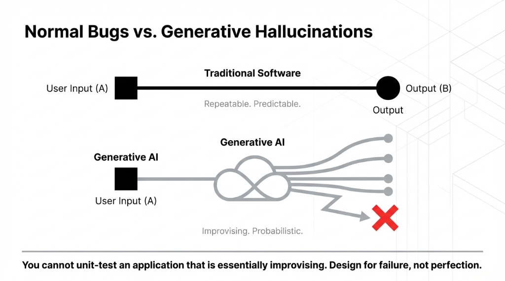 Normal Bugs vs Generative Hallucinations. Traditional Software: User Input A goes through a repeatable predictable path to Output B. Generative AI: User Input A goes through tangled improvising probabilistic paths that can lead to a wrong output marked with a red X. You cannot unit-test an application that is essentially improvising. Design for failure, not perfection.