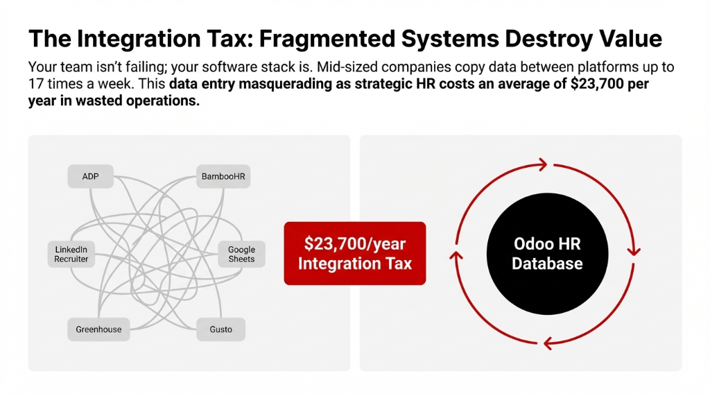 The Integration Tax: Fragmented HR systems like ADP, BambooHR, LinkedIn Recruiter, Google Sheets, Greenhouse, and Gusto cost $23,700 per year in wasted operations compared to a unified Odoo HR Database