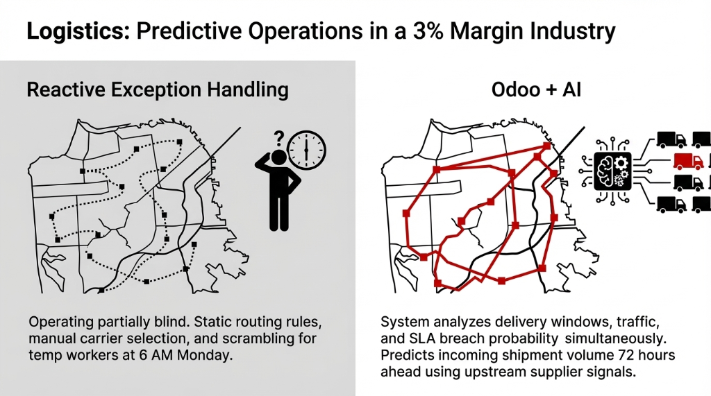 Logistics: Predictive Operations in a 3% Margin Industry — split comparison showing Reactive Exception Handling on the left with a confused dispatcher looking at a static map with partial coverage, versus Odoo + AI on the right showing an intelligent route network analyzing delivery windows, traffic, and SLA breach probability simultaneously while predicting incoming shipment volume 72 hours ahead using upstream supplier signals