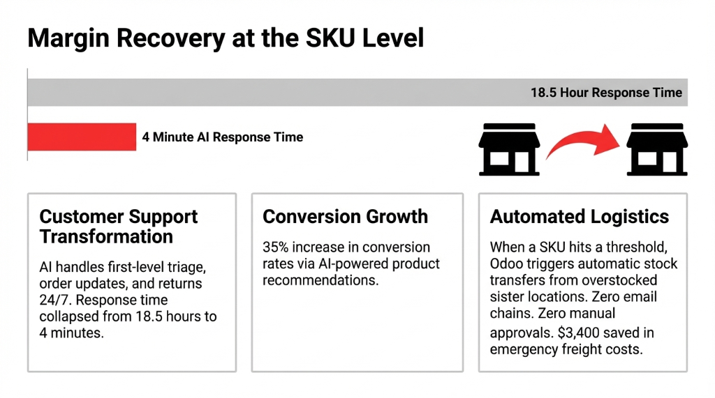 Margin Recovery at the SKU Level — showing customer support transformation with AI response time collapsing from 18.5 hours to 4 minutes, a 35% increase in conversion growth via AI-powered product recommendations, and automated logistics where Odoo triggers automatic stock transfers from overstocked sister locations saving $3,400 in emergency freight costs