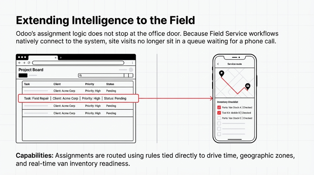 Extending Intelligence to the Field: A Project Board shows a high-priority Field Repair task for Acme Corp routed directly to a Service Route view on a mobile device with an Inventory Checklist showing Parts Van Stock A checked, Tool Kit Mobile B checked, and Parts Van Stock C pending. Assignments are routed using rules tied to drive time, geographic zones, and real-time van inventory readiness.
