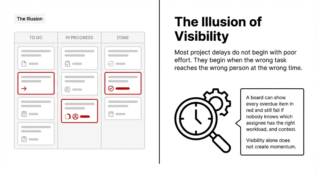 The Illusion of Visibility: A Kanban board showing TO DO, IN PROGRESS, and DONE columns with overdue items highlighted in red. Most project delays do not begin with poor effort—they begin when the wrong task reaches the wrong person at the wrong time. A board can show every overdue item in red and still fail if nobody knows which assignee has the right workload and context. Visibility alone does not create momentum.