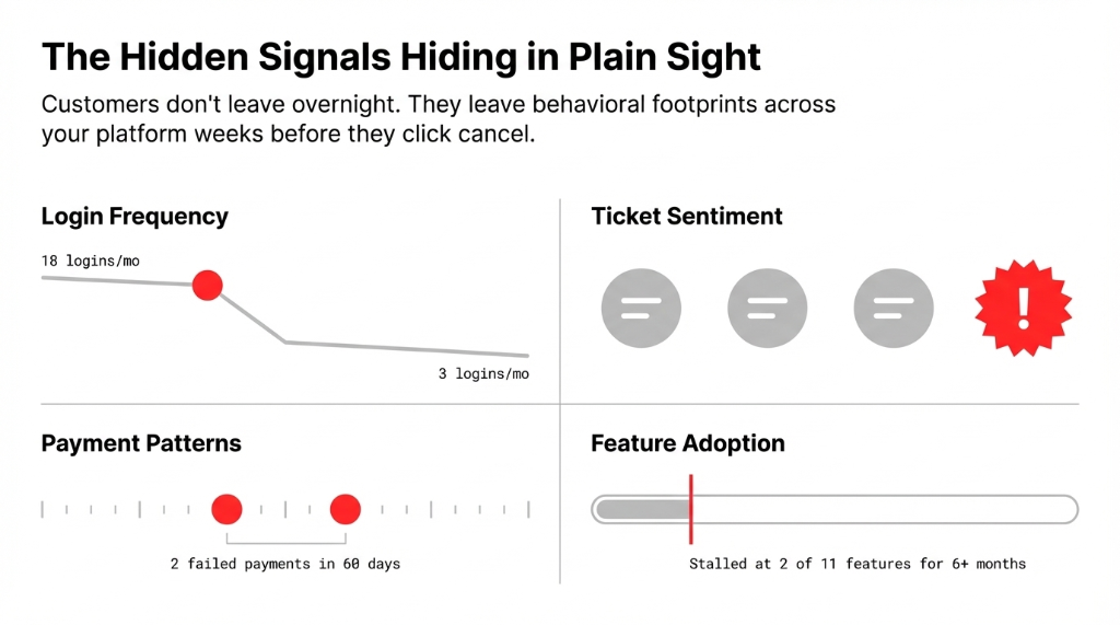 Four hidden churn signals: login frequency dropping from 18 to 3 logins per month, ticket sentiment shifting negative, 2 failed payments in 60 days, and feature adoption stalled at 2 of 11 features for 6+ months
