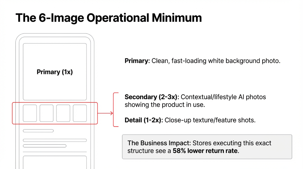 The 6-Image Operational Minimum: Primary white background photo, 2-3 contextual AI photos, 1-2 detail shots. Drives 58% lower return rate.
