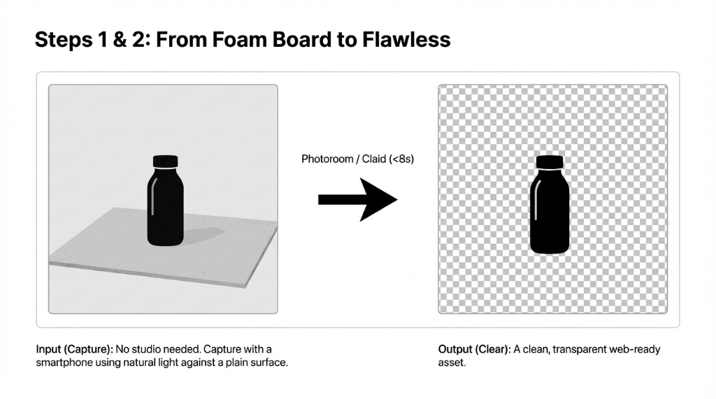 Steps 1 and 2: Capture against foam board, clear to transparent background with AI in under 8 seconds.