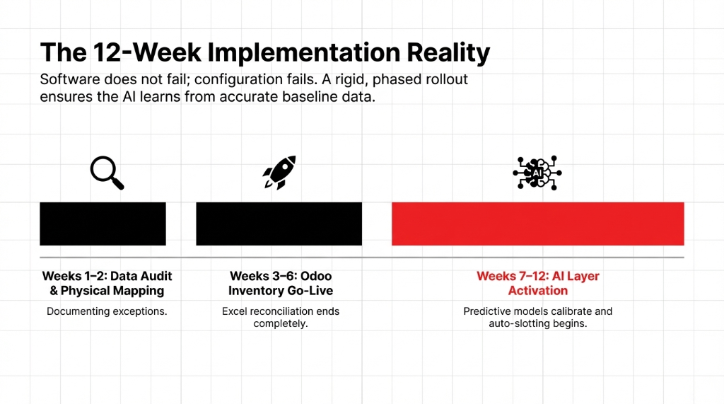 The 12-Week Implementation Reality timeline: Weeks 1–2 Data Audit and Physical Mapping for documenting exceptions, Weeks 3–6 Odoo Inventory Go-Live where Excel reconciliation ends completely, Weeks 7–12 AI Layer Activation where predictive models calibrate and auto-slotting begins.