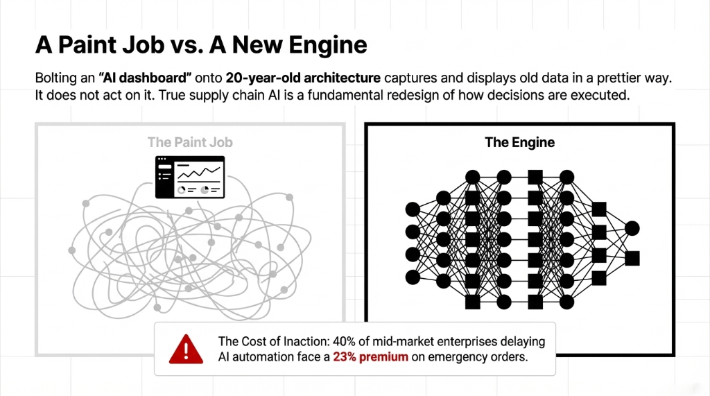 A Paint Job vs A New Engine: Bolting an AI dashboard onto 20-year-old architecture captures and displays old data in a prettier way but does not act on it. True supply chain AI is a fundamental redesign of how decisions are executed. 40% of mid-market enterprises delaying AI automation face a 23% premium on emergency orders.