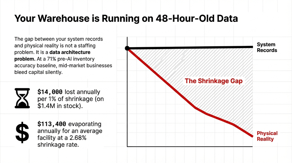Your Warehouse is Running on 48-Hour-Old Data: diagram showing the shrinkage gap between system records and physical reality. $14,000 lost annually per 1% of shrinkage on $1.4M in stock. $113,400 evaporating annually for an average facility at a 2.68% shrinkage rate.