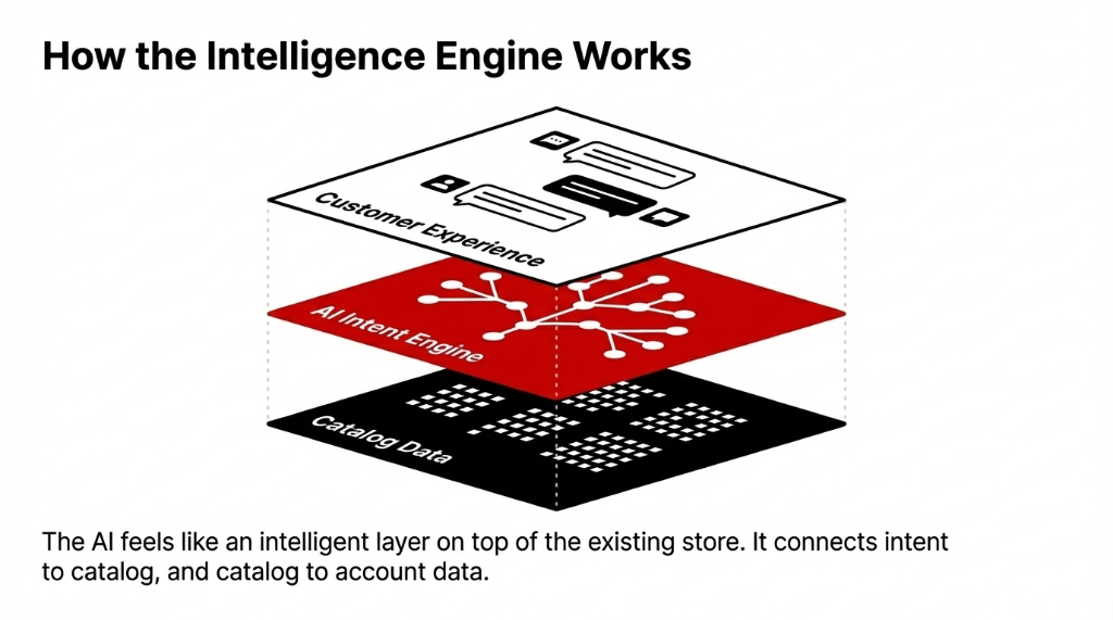How the Intelligence Engine Works. A three-layer isometric stack diagram. The top gray layer is Customer Experience showing chat interfaces and product cards. The middle red layer is AI Intent Engine showing a network of connected nodes. The bottom black layer is Catalog Data showing a grid of data points. The AI feels like an intelligent layer on top of the existing store. It connects intent to catalog, and catalog to account data.