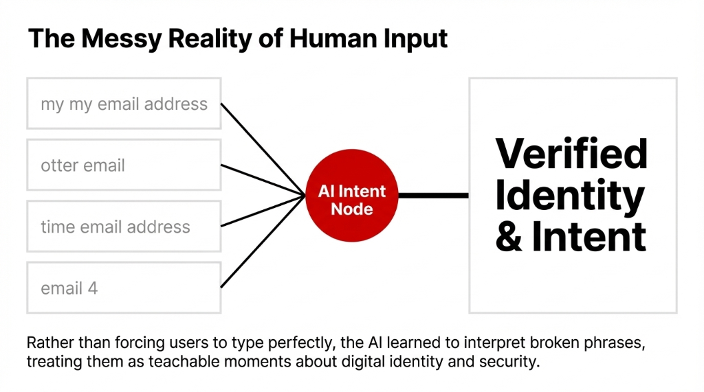 The Messy Reality of Human Input. Four input boxes on the left showing broken phrases: my my email address, otter email, time email address, and email 4. All arrows converge on a red circle labeled AI Intent Node. The output on the right reads Verified Identity and Intent in large bold text. Rather than forcing users to type perfectly, the AI learned to interpret broken phrases, treating them as teachable moments about digital identity and security.