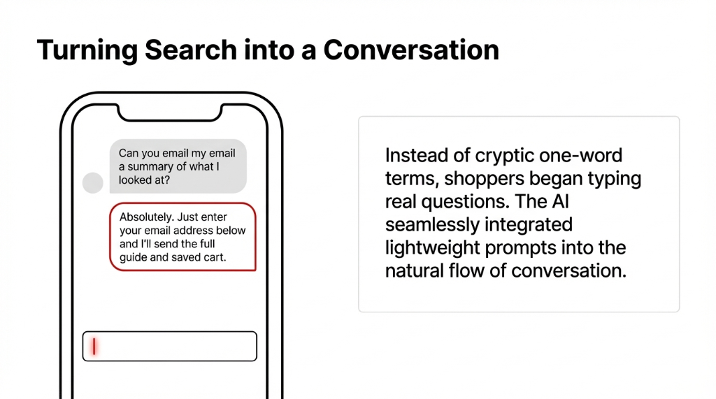 Turning Search into a Conversation. A mobile phone showing a chat interface. The shopper asks: Can you email my email a summary of what I looked at? The AI responds: Absolutely. Just enter your email address below and I will send the full guide and saved cart. Below is an email input field. Instead of cryptic one-word terms, shoppers began typing real questions. The AI integrated lightweight prompts into the natural flow of conversation.
