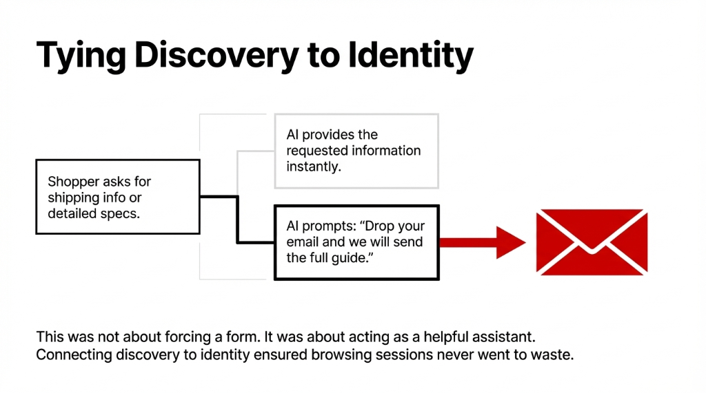 Tying Discovery to Identity. A flow diagram showing: Shopper asks for shipping info or detailed specs (left box). AI provides the requested information instantly (top box). AI prompts: Drop your email and we will send the full guide (bottom box). An arrow leads to a large red envelope icon. This was not about forcing a form. It was about acting as a helpful assistant. Connecting discovery to identity ensured browsing sessions never went to waste.