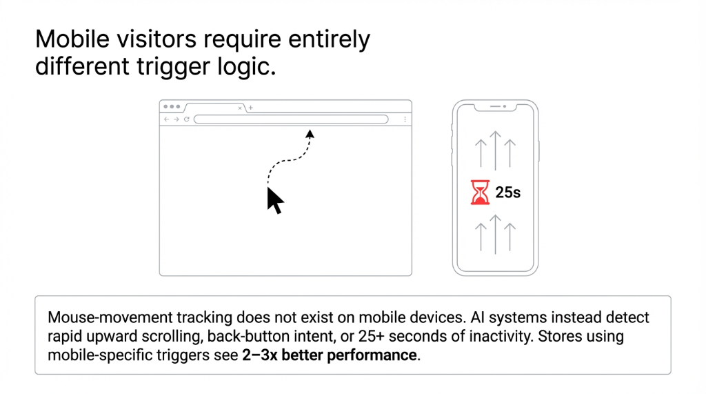 Mobile visitors require entirely different trigger logic - tracking inactive time and scrolling rather than mouse movement