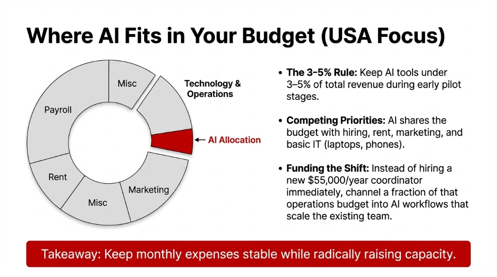 Where AI Fits in Your Budget USA Focus. Donut chart showing typical small business budget allocation across Technology and Operations, Payroll, Marketing, Rent, and Misc with a small red AI Allocation slice. The 3 to 5 percent Rule: Keep AI tools under 3 to 5 percent of total revenue during early pilot stages. Competing Priorities: AI shares the budget with hiring, rent, marketing, and basic IT like laptops and phones. Funding the Shift: Instead of hiring a new 55000 dollar per year coordinator immediately, channel a fraction of that operations budget into AI workflows that scale the existing team. Takeaway: Keep monthly expenses stable while radically raising capacity.