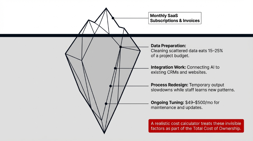 Hidden costs iceberg. Above the waterline: Monthly SaaS Subscriptions and Invoices. Below the waterline: Data Preparation where cleaning scattered data eats 15 to 25 percent of a project budget. Integration Work connecting AI to existing CRMs and websites. Process Redesign with temporary output slowdowns while staff learns new patterns. Ongoing Tuning at 49 to 500 dollars per month for maintenance and updates. A realistic cost calculator treats these invisible factors as part of the Total Cost of Ownership.