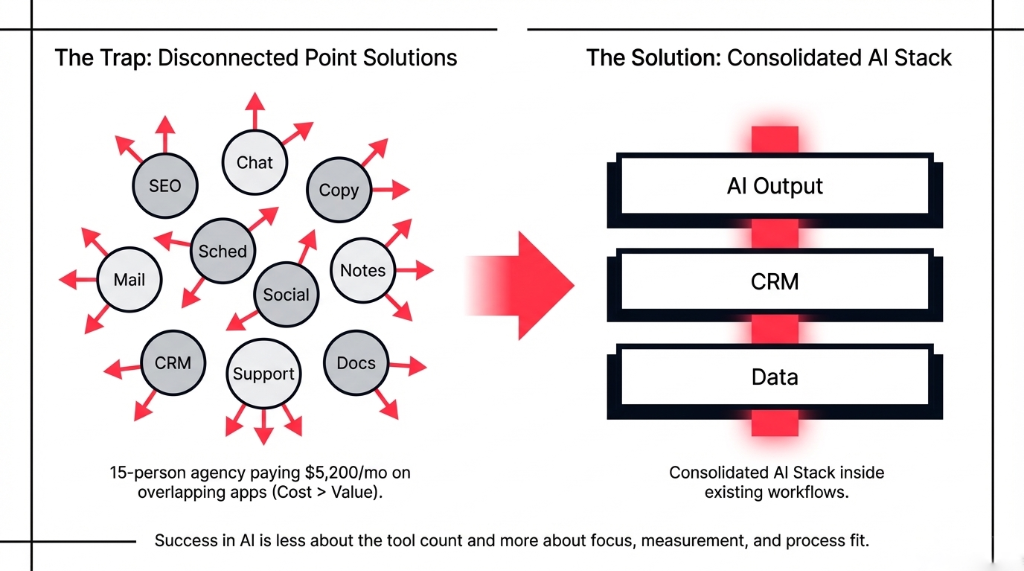The Trap: Disconnected Point Solutions showing a 15-person agency paying 5200 dollars per month on overlapping apps including Chat, Copy, Notes, Social, Sched, Mail, SEO, CRM, Support, and Docs with red arrows showing chaos between them where Cost exceeds Value. The Solution: Consolidated AI Stack showing three clean layers of AI Output, CRM, and Data inside existing workflows. Success in AI is less about the tool count and more about focus, measurement, and process fit.