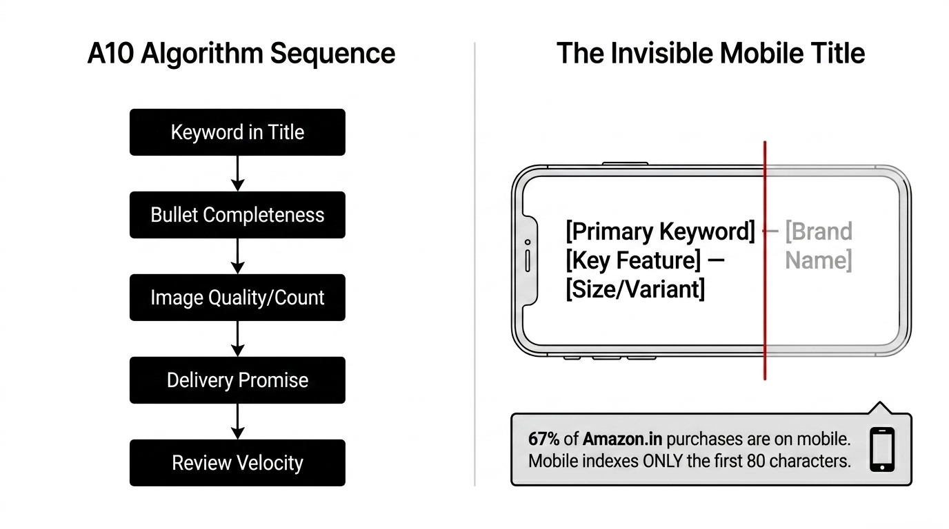 Amazon A10 Algorithm Sequence showing Keyword in Title then Bullet Completeness then Image Quality and Count then Delivery Promise then Review Velocity alongside The Invisible Mobile Title showing 67% of Amazon.in purchases are on mobile and only the first 80 characters are indexed