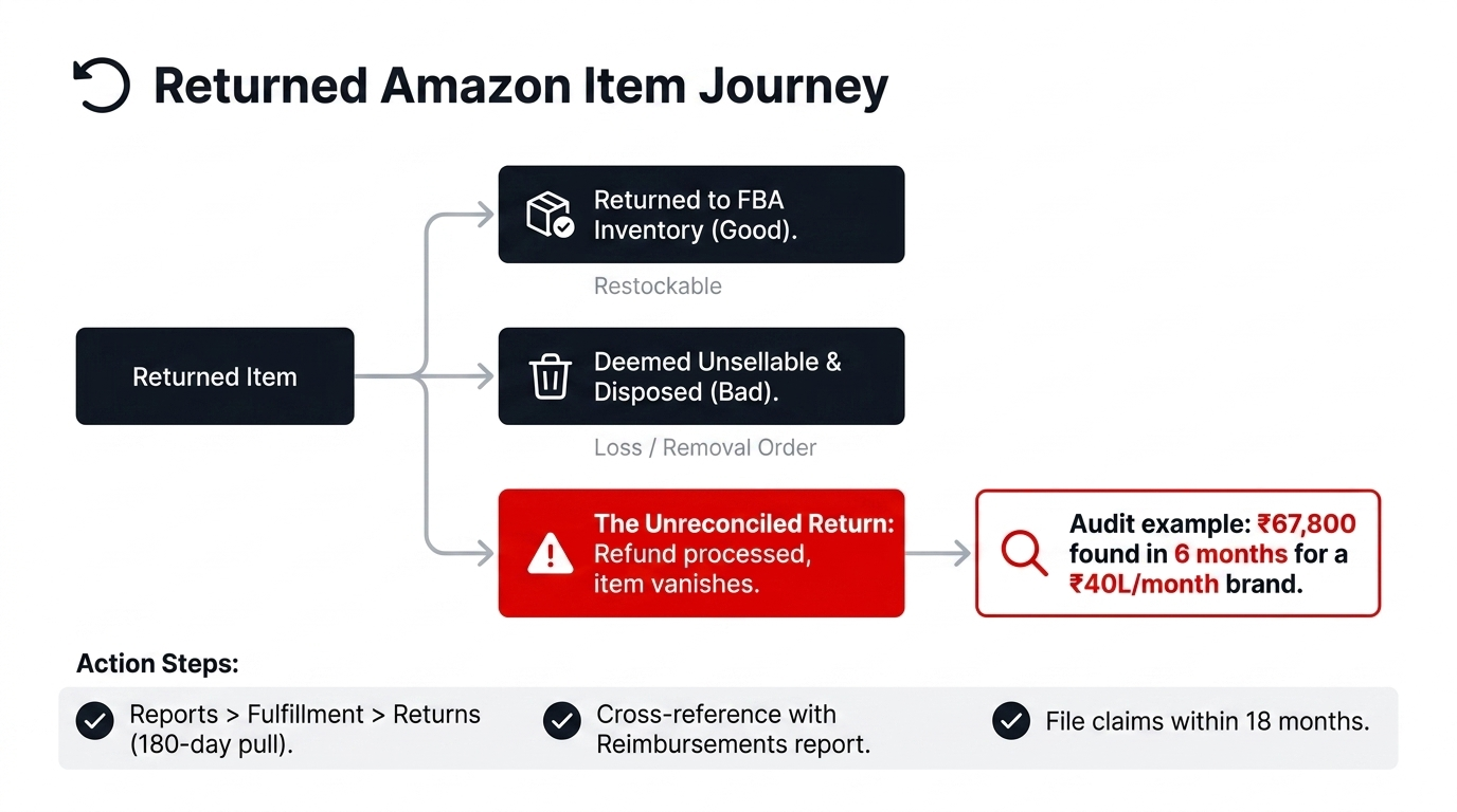 Returned Amazon Item Journey showing three paths from Returned Item - Returned to FBA Inventory as Restockable or Deemed Unsellable and Disposed as Loss or The Unreconciled Return where Refund is processed but item vanishes with audit example of $8,230 found in 6 months