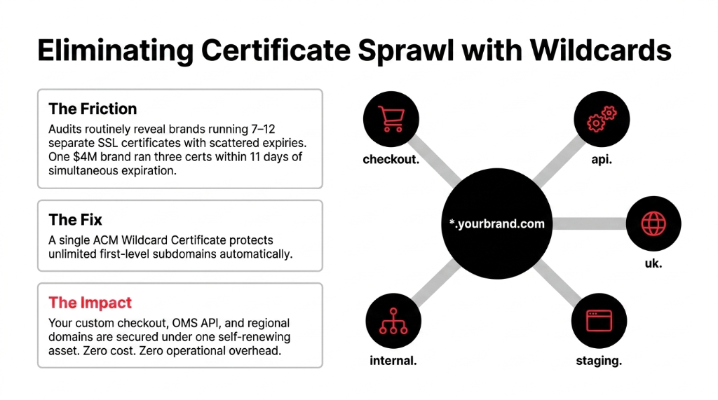 Eliminating Certificate Sprawl with Wildcards - The Friction showing audits routinely reveal brands running 7-12 separate SSL certificates with scattered expiries and one $4M brand ran three certs within 11 days of simultaneous expiration, The Fix showing a single ACM Wildcard Certificate protects unlimited first-level subdomains automatically, The Impact showing checkout OMS API and regional domains secured under one self-renewing asset at zero cost and zero operational overhead